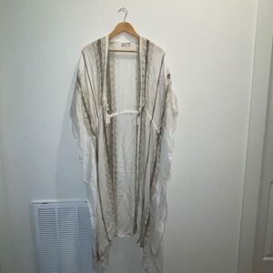 Free People Long Bohemian Striped Sheer Kimono Cardigan Duster White One Size